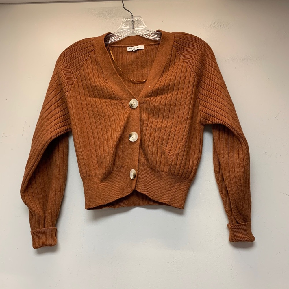 Crescent Ribbed V-Neck Cardigan Women Small Rust Orange Excellent Cropped Knit